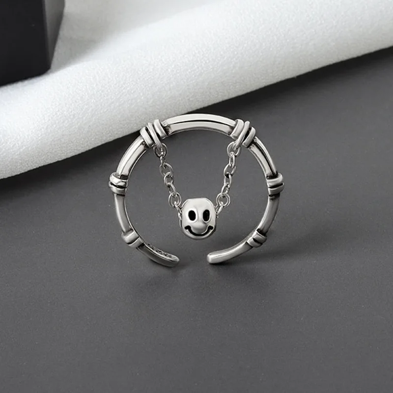 

Vintage 925 Sterling Silver Smile Ball Chain Cross Rings for Women Girls Fashion Adjustable Statement Ring Party Jewelry Anillos