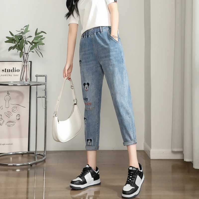 Potdemiel Cartoon Embroidery Harem Jeans Female 2024 New Eight Denim Pants Spring And Summer Show Skinny Cropped Pants Trousers