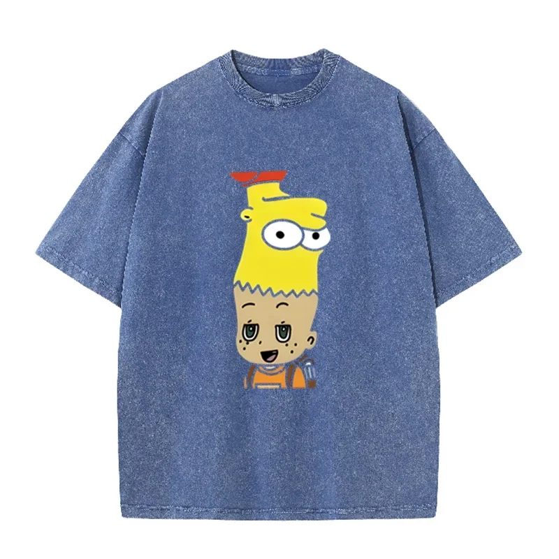 Mashup Cartoon Bart Simpson Print Vintage Washed T-Shirt Schwarz Casual Streetwear