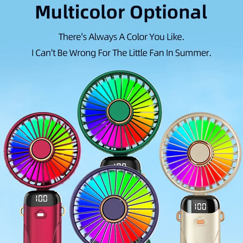 Handheld Mini LED Fan Foldable Portable Desk Outdoor Neck Hanging 6 Speed Colorful Rechargeable Fan Phone Stand Display Screen