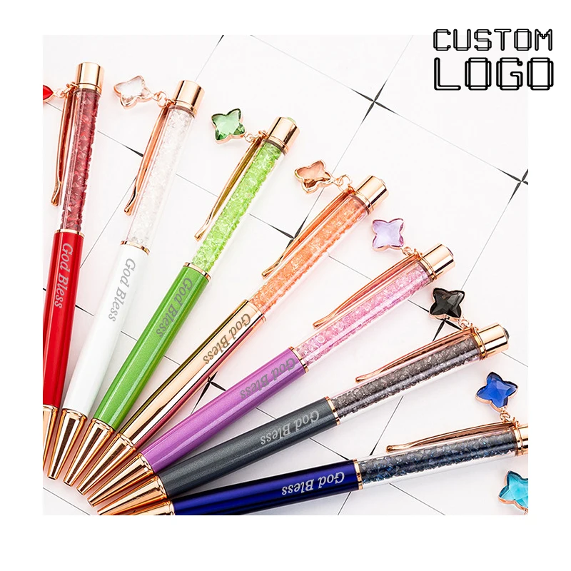 Customized LOGO Pen Crystal Clover Diamond Engraved Name Gifts Lettering Pens Metal Signature School Supplies Office Stationery