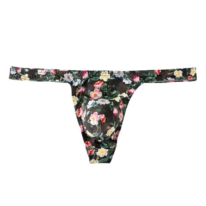 Men's Seamless Thongs Gay Printed Sexy Low-waist Underwear T-back Underpants Multi-color Ice Silk U Convex Pouch G-string Tangas