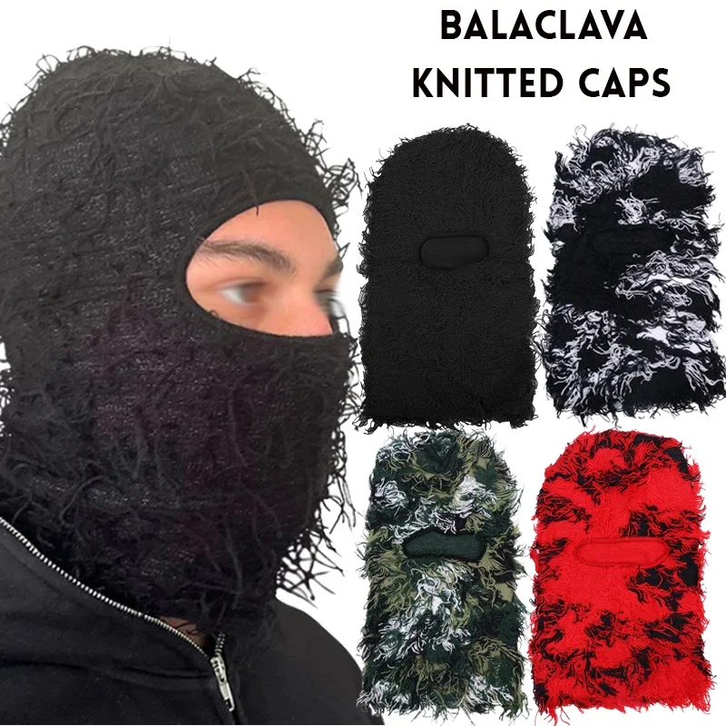 

NEW Balaclava Distressed Knitted Caps Full Face Ski Mask Women Outdoor Camouflage Fleece Fuzzy Ski Balaclava Beanies Men Hat