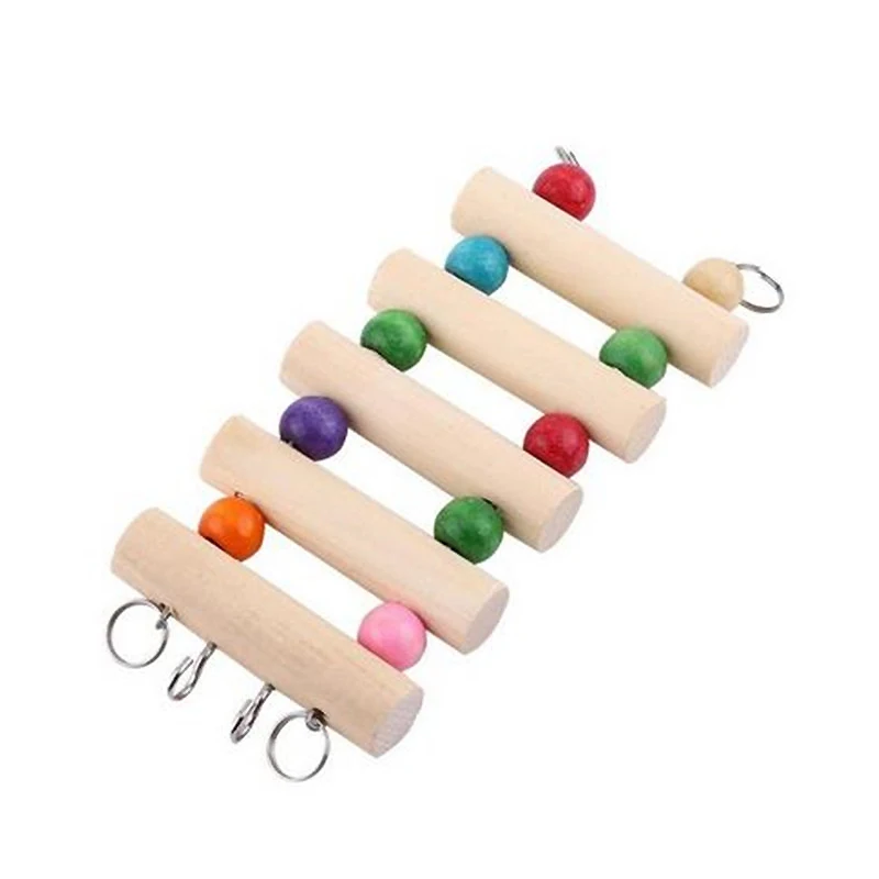 1Pc 5 Ladder Natural Wooden Bird Toys Birds Pets Parrots Ladders Climbing Toy Hanging Bridge Colorful Balls