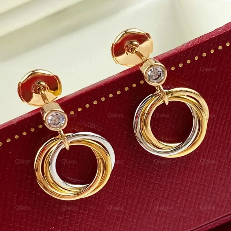 

Женские серьги-подвески из стерлингового серебра S925. Классические 3 кольца 3 цвета в троичном стиле Роскошные брендовые ювелирные изделия