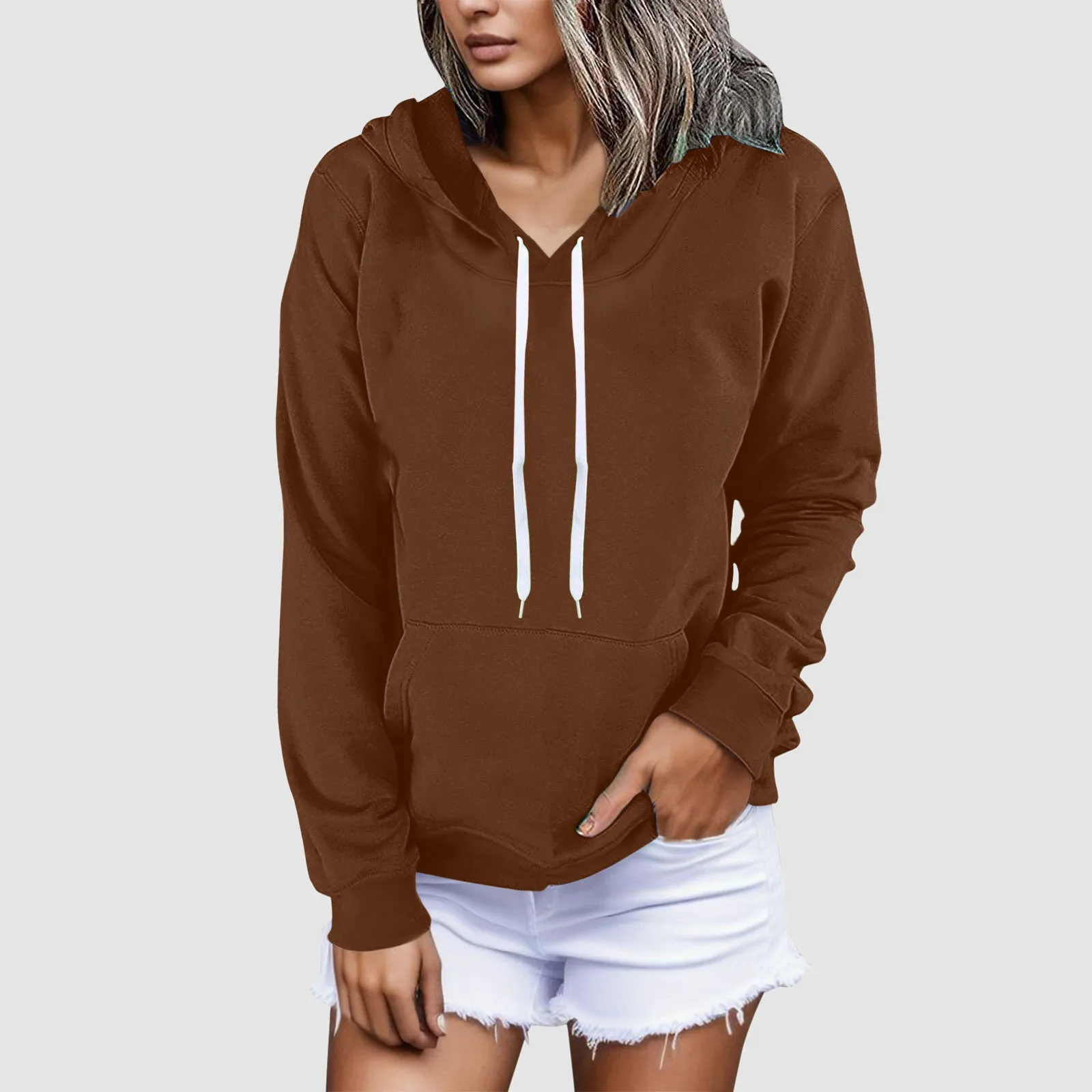 

Women Fashion Sweatshirt Solid Color Hoodie Long Sleeve Shirt Pullover Autumn Clothes With Hooded Sweatshirt With Pockets Women