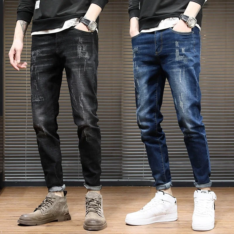 Men Ripped Jeans Spring Autumn Fashion Casual Hole Slim Long Denim Pants Hip Hop High Street Wear Joggers Black Blue