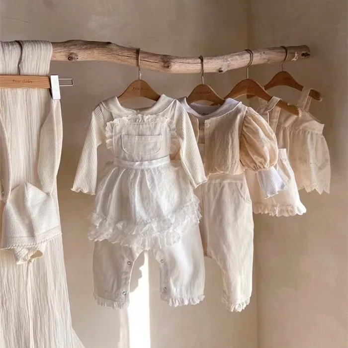 Spring Autumn Baby Lace Pocket Overalls Girl Baby Fashion Solid Sleeveless Romper Boy Infant Cotton Casual Suspenders Jumpsuit