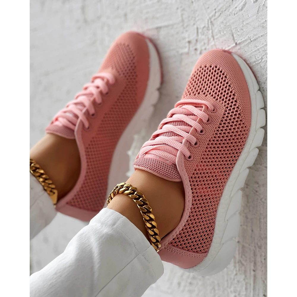 Women Hollow Out Breathable Mesh Lace-up Sneakers Daily Casual Round Toe Sports Shoes Spring Sneakers Going Out Pink Flats Shoes