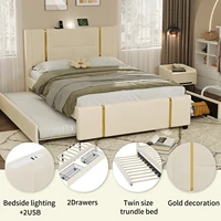 Ensembles de chambre à coucher 2 pièces, lit plateforme rembourré Queen Size avec lit gigogne, 2 tiroirs légers et rangement de Charge USB, pieds métalliques 3