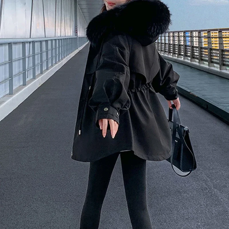 

Women Pocket Causal Coat Zipper Hooded Parkas Fleece Warm Long Sleeve Waist Cotton Coat Women Cotton-padded Jacket Fall Winter