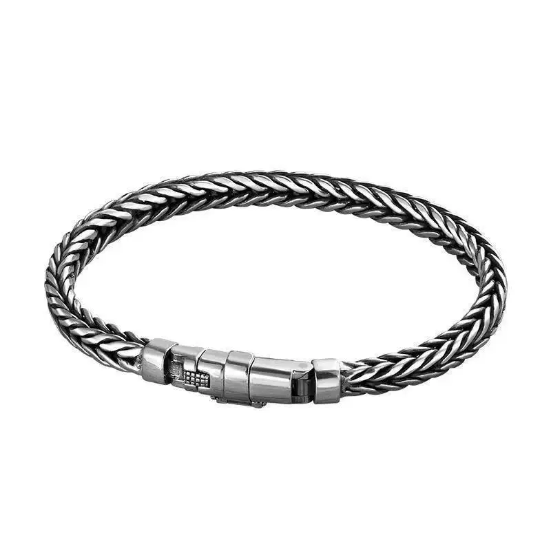 New Fashion Leisure Men's Bracelet S925 Retro Thai Silver Hand Woven Bangle Simple Student Versatile Jewelry For Men And Women