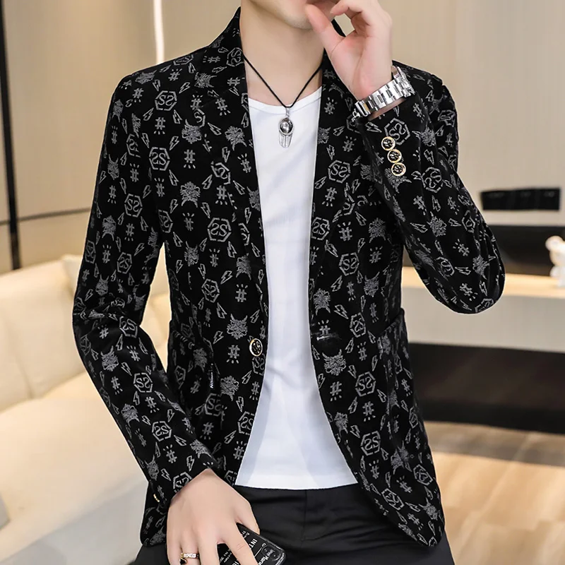 Blazer New Men's Fashion Corduroy Business Gentleman Slim Letter English Style Outdoor Performance Wedding Banquet Casual Blazer 2