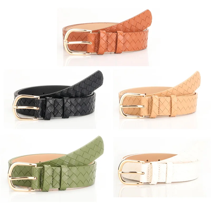 Designer Style Fashion Woven Pattern Pin Buckle Ladies Belt High Quality PU Leather Aloy Buckle Belt Jeans Trousers Accessories