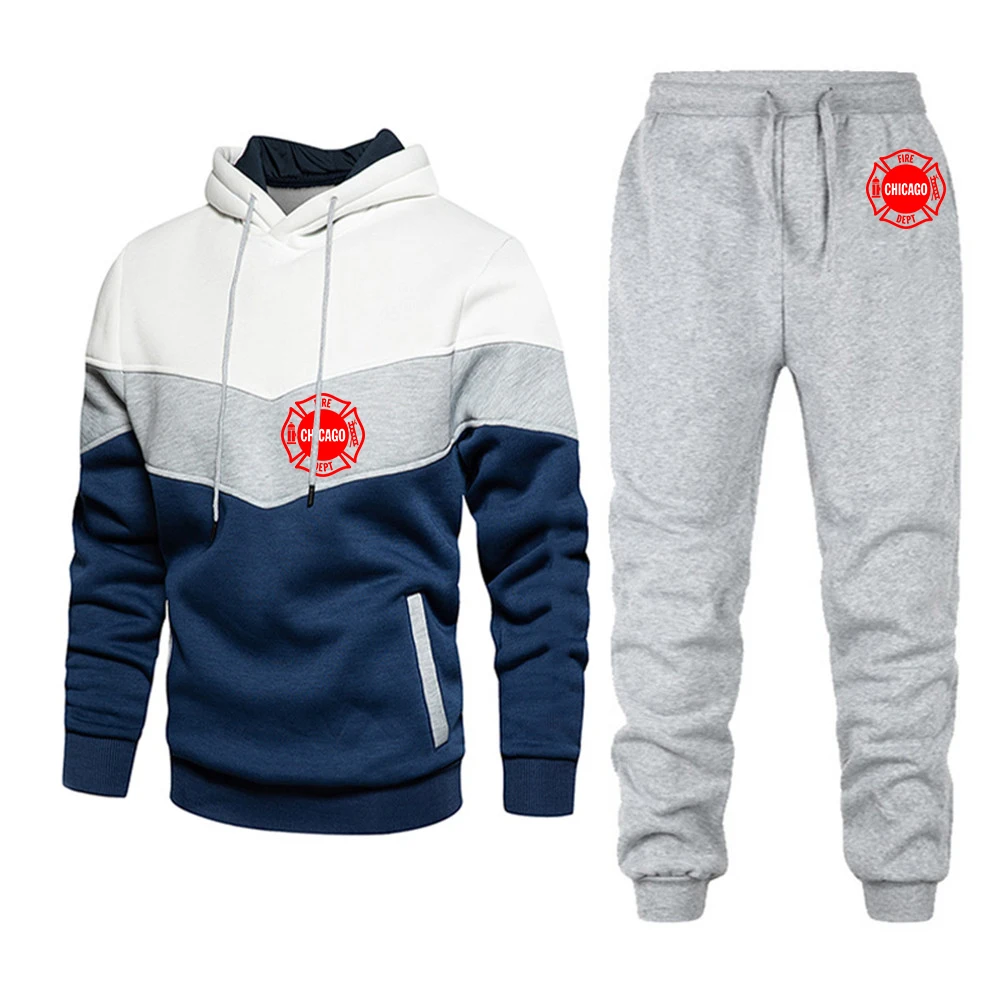 Firefighter Rescue Team Printing Fashion 2023 New Men's Spring Autumn Splicing Pullover Cotton Sweatshirt Sweatpant 2-Piece Set