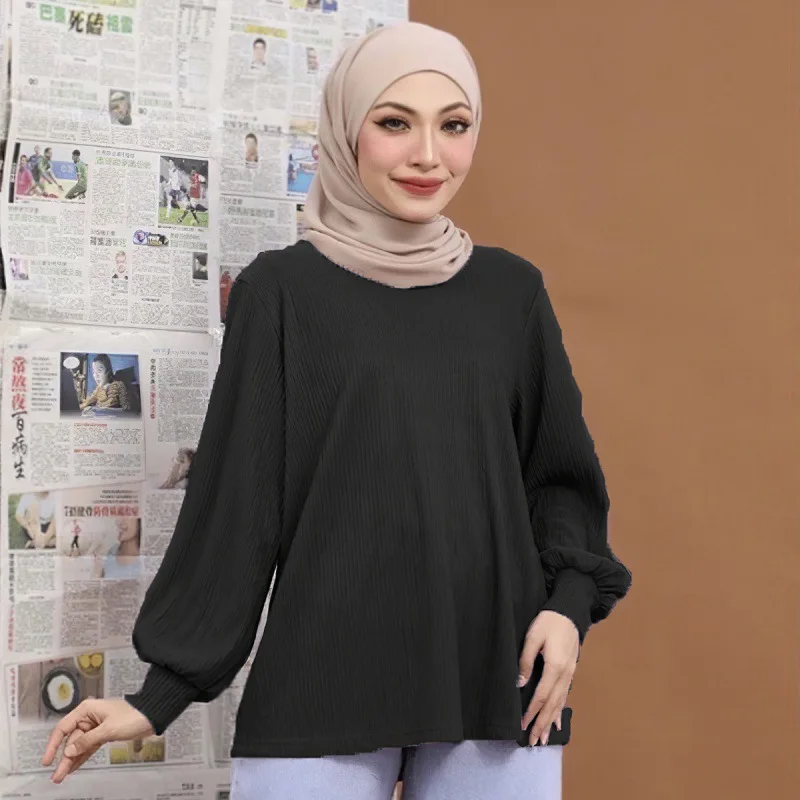 

2023 Modest Kaftan Pleated Fabric Loose Solid Long Sleeve Shirt Coat Muslim Apparel Loose Shirt Women's Top Dubai Muslim Islam