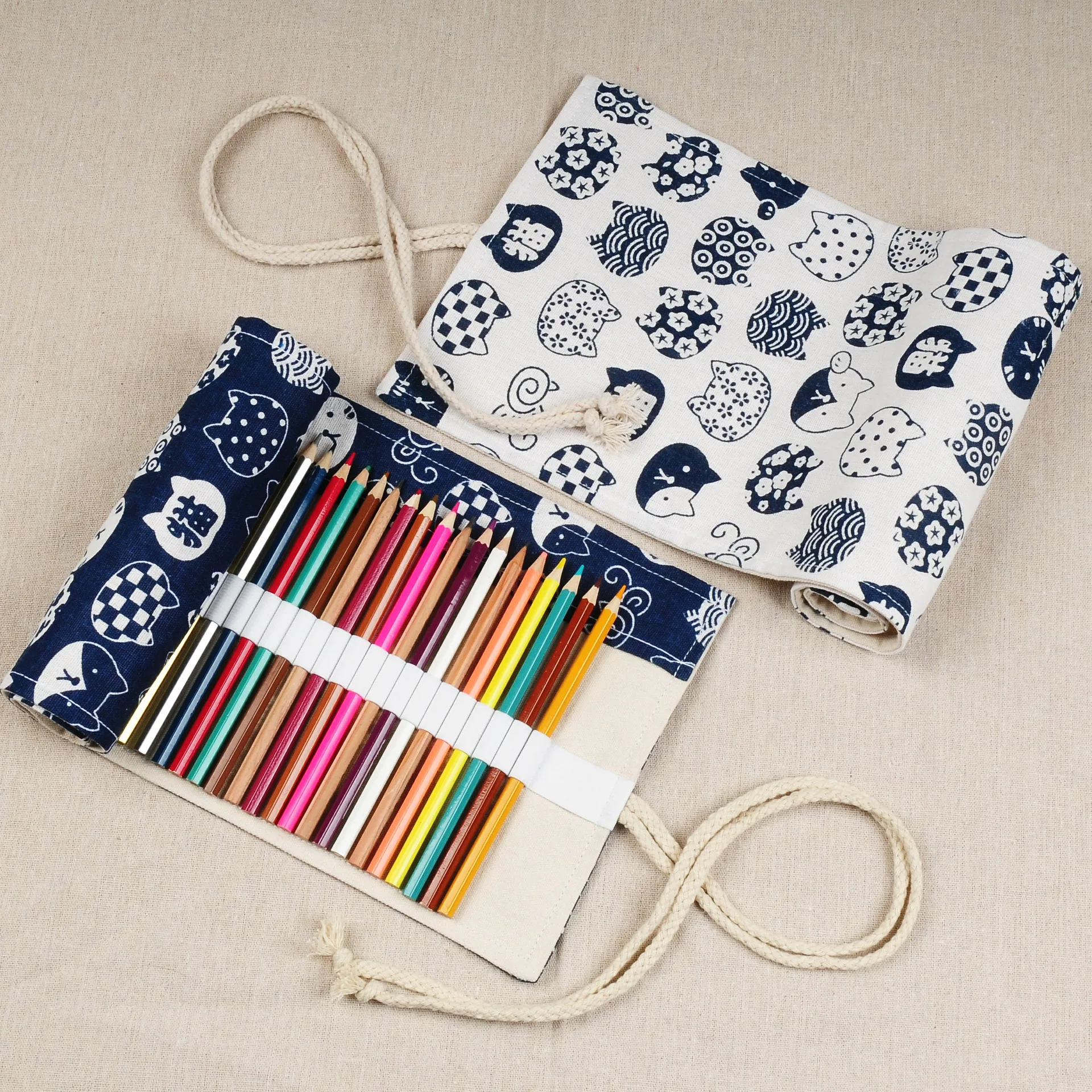 

24/36/48/72 Holes Traditional Japanese Fabric Kawaii Roll Up Pencil Case School Pen Bag for Girls Boys Office Stationery