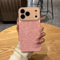 Chic Leopard Print Leather Texture Shockproof Phone Case with Large Window Cover - iPhone 15 (Pink)