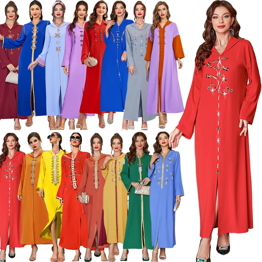

Hooded Abaya Dubai Women Maxi Dress Diamonds Kaftan Turkey Arabic Robe Muslim Islamic Abayas Moroccan Caftan Gown Femma Vestidos