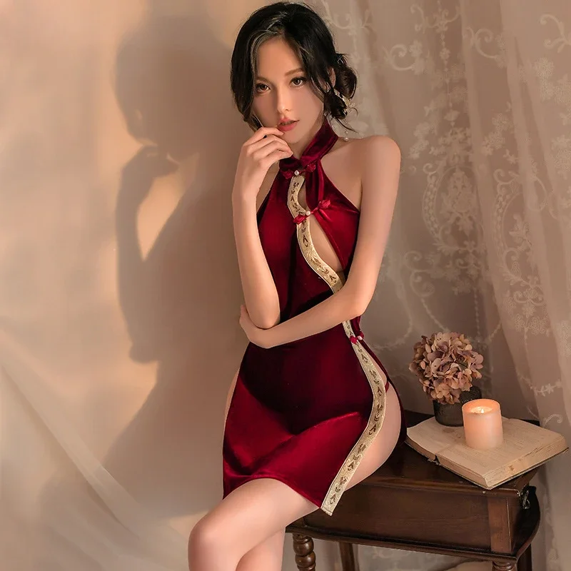 

Sexy Lingerie Chinese Cheongsam Dress Cosplay Costumes Traditional High Waisted Split Qipao Dresses Nightclub Party Queen Skirt