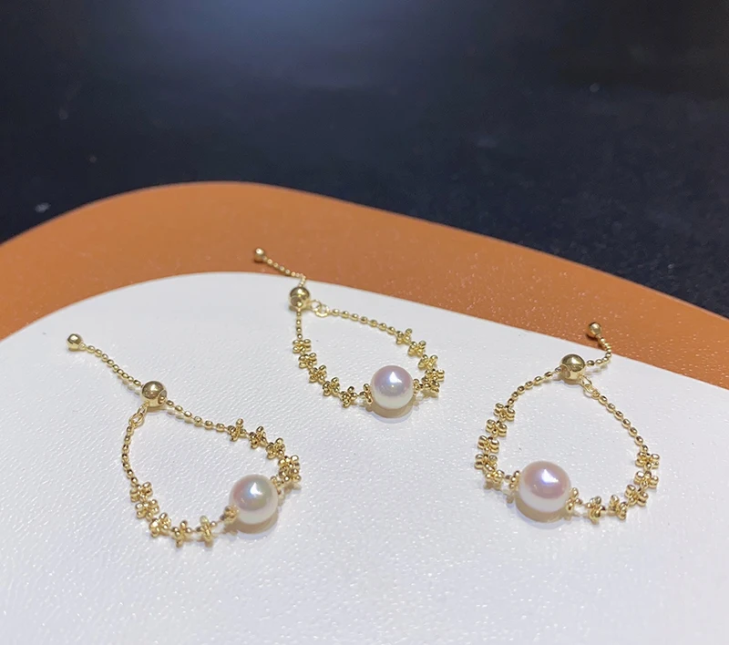 KUGG 18K Yellow Gold Rings 5mm Real Natural Akoya Pearl Adjustable Chain Design Exquisite Jewelry Gift for Women Anniversary