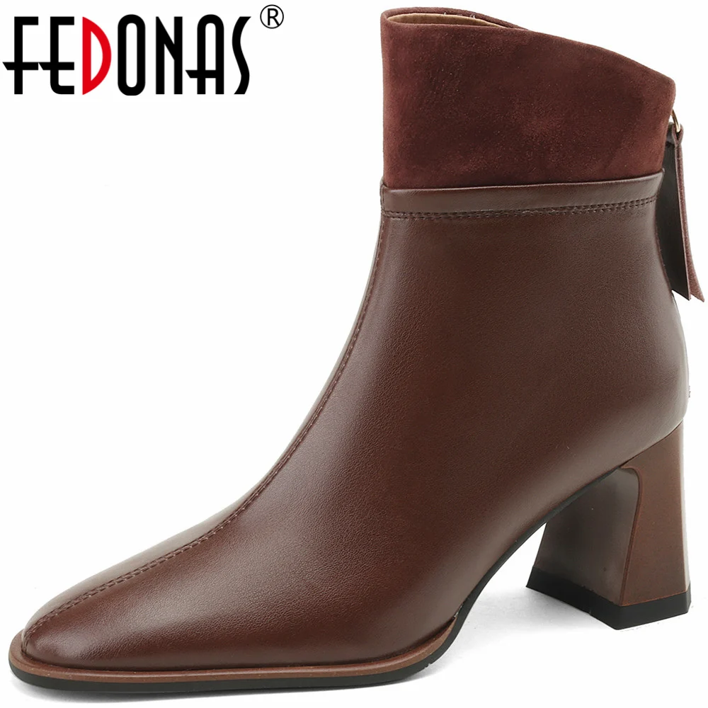 

FEDONAS Splicing Genuine Leather Women Ankle Boots Thick High Heels Office Lady Back Zipper 2023 Autumn Winter Shoes Woman Basic