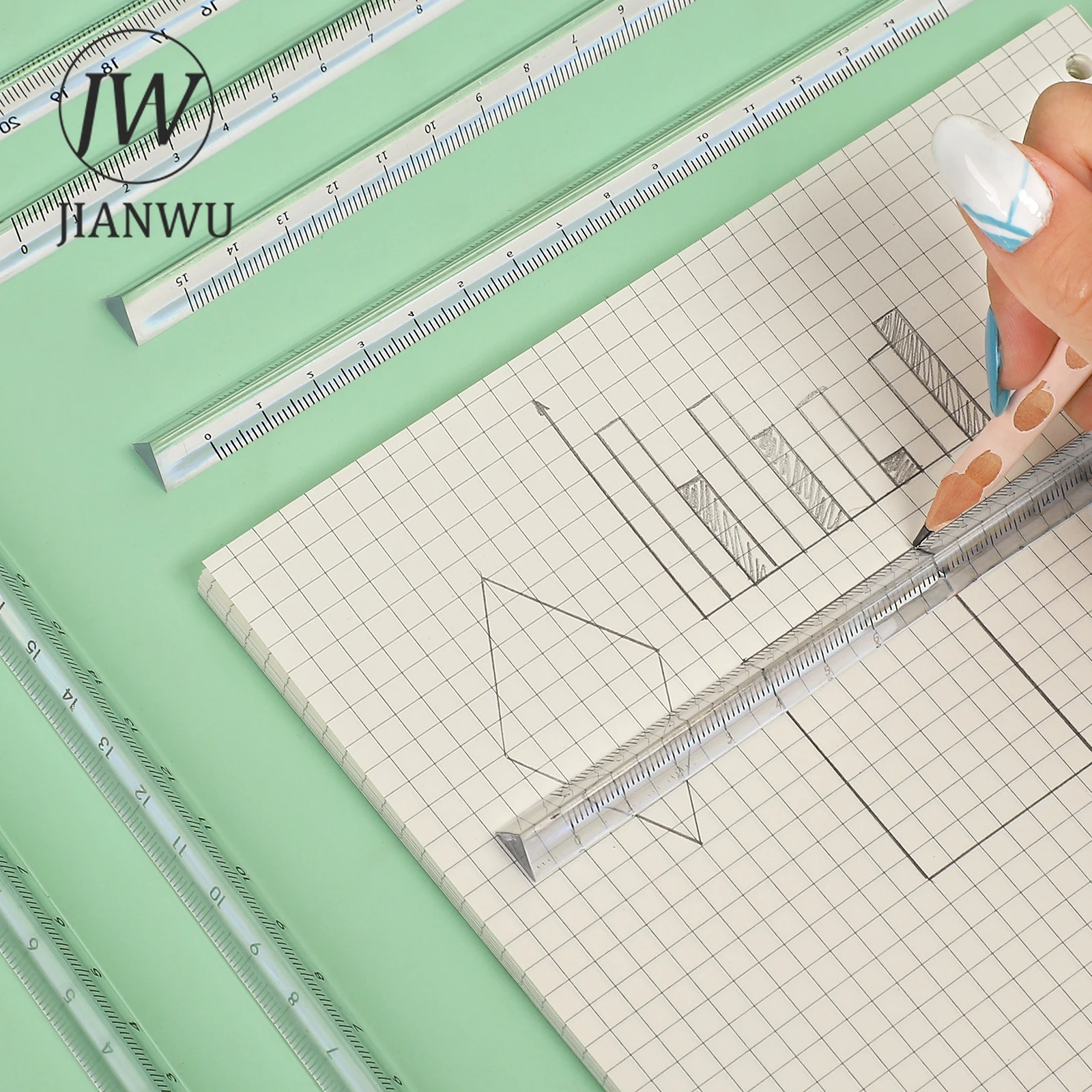 JIANWU 2 Pcs Creative Transparent Mitsubishi Ruler 15/20cm Triangular Straight Ruler Student Drafting Tools Stationery Supplies