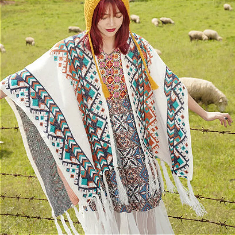 

TEELYNN Bohemian Autumn Scarf Women 2022 Vintage Ethnic Knit Warm Shawl Cardigan Wraps White/Black Boho Scarf Cape Cloak Coat