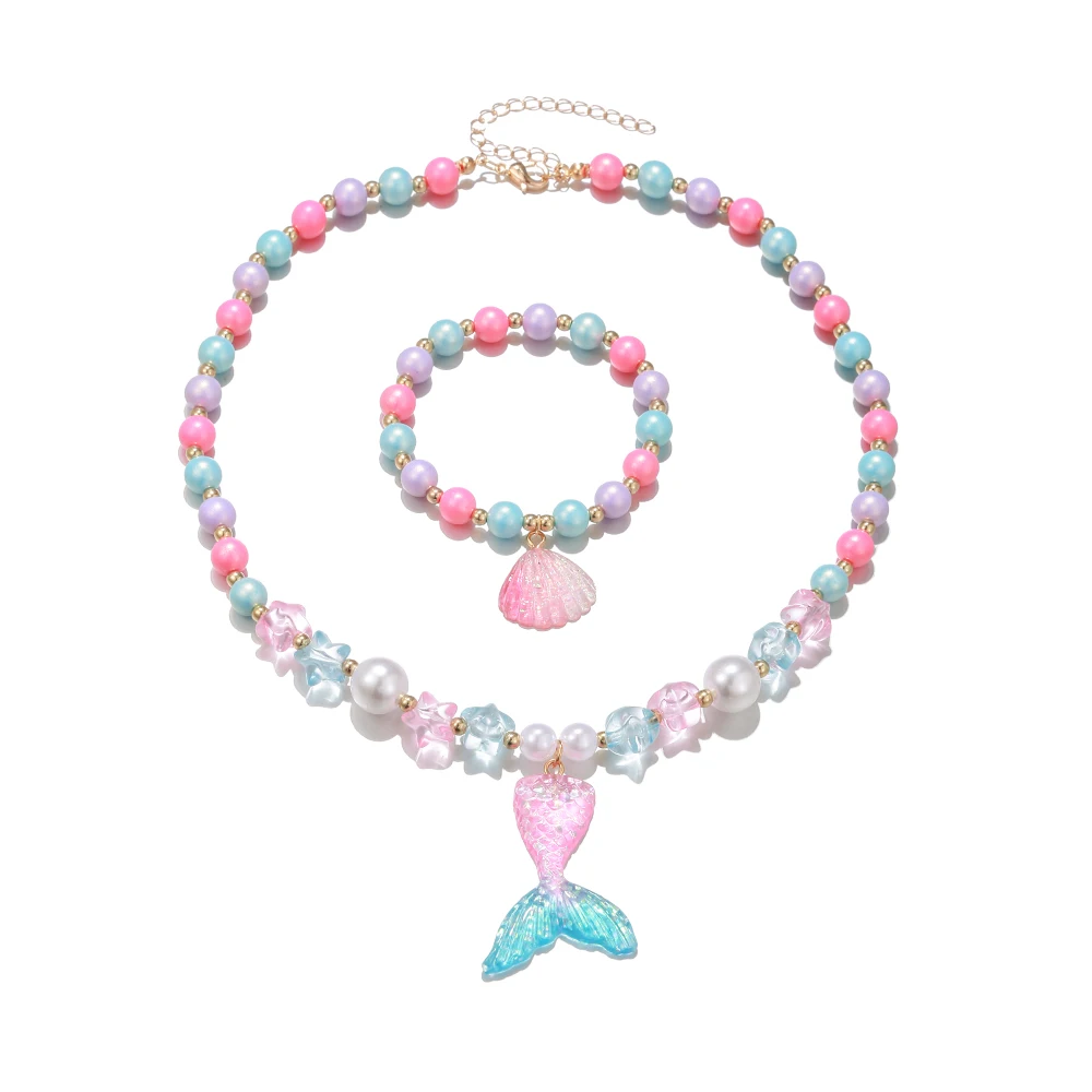 2Pcs/set Girl Princess Mermaid Shell Charm Necklace Bracelet Jewelry Set for Daughter Niece Girls Best Party Birthday Gifts 5