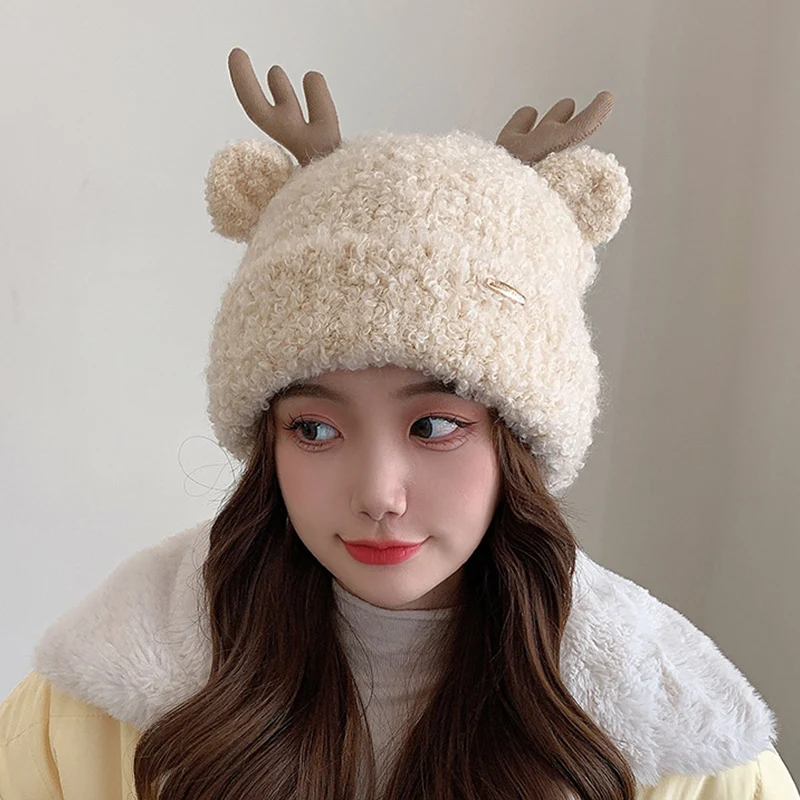 

Cute Cartoon Antlers Hat Winter Warm Plush Beanies Deer Horn Bonnets For Women Fleece Knitted Hat Ear Protection Christmas Hats