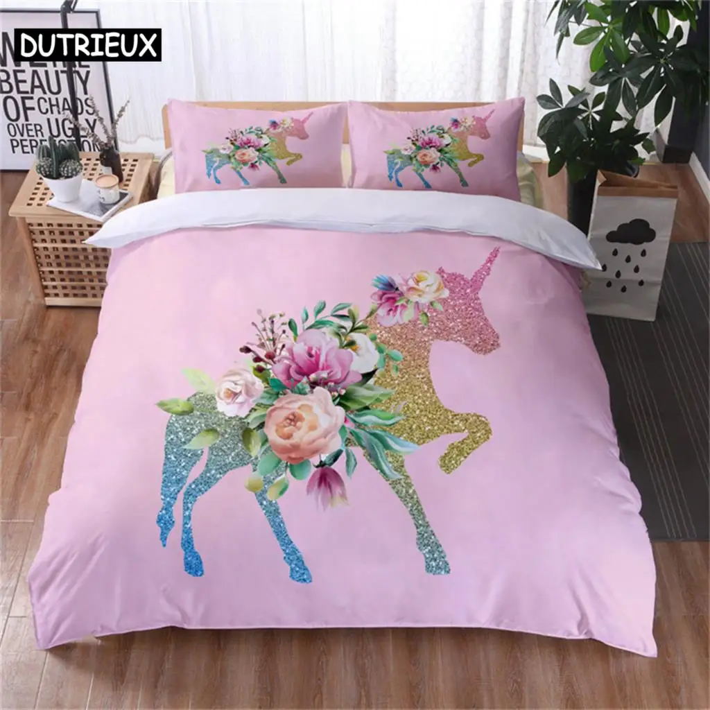 

Colorful Luminous Unicorn Print Bedding Set 3D Cartoon Animal Pattern Duvet Cover Bedroom Decor With Pillowcases For Girls Gift