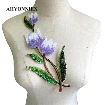 보라색 파란색 스팽글 백합 꽃 자수 파치, 의류용 DIY 아플리케 다리미 패치, 25.7cm x 11.8cm