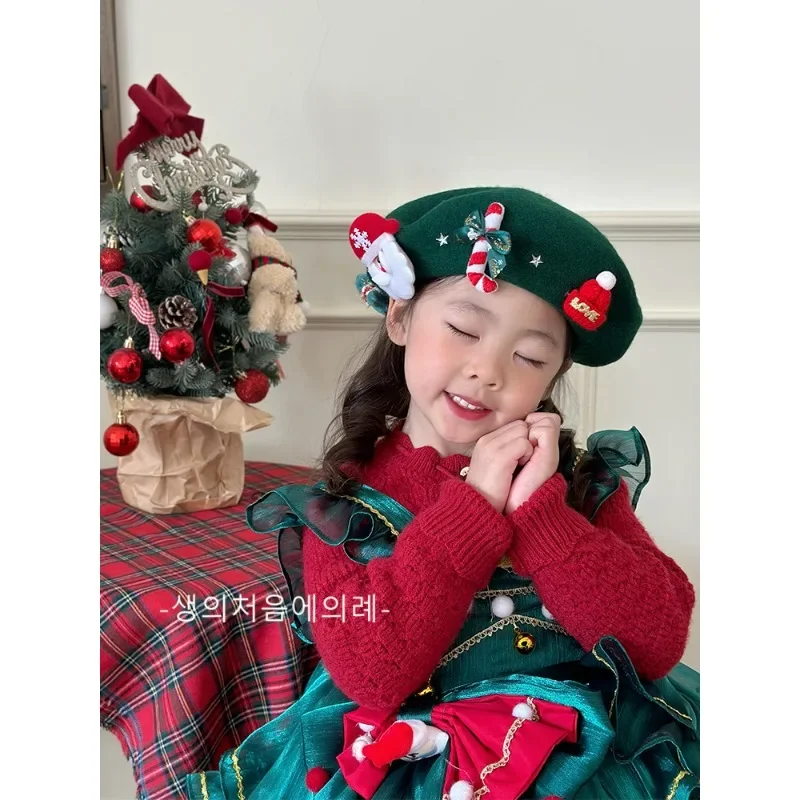 

Kawaii Anime Cartoon Christmas Headwear Wool Beret Painter's Hat Winter Warmth Sweet Accessories Children Girl Festival Gift New