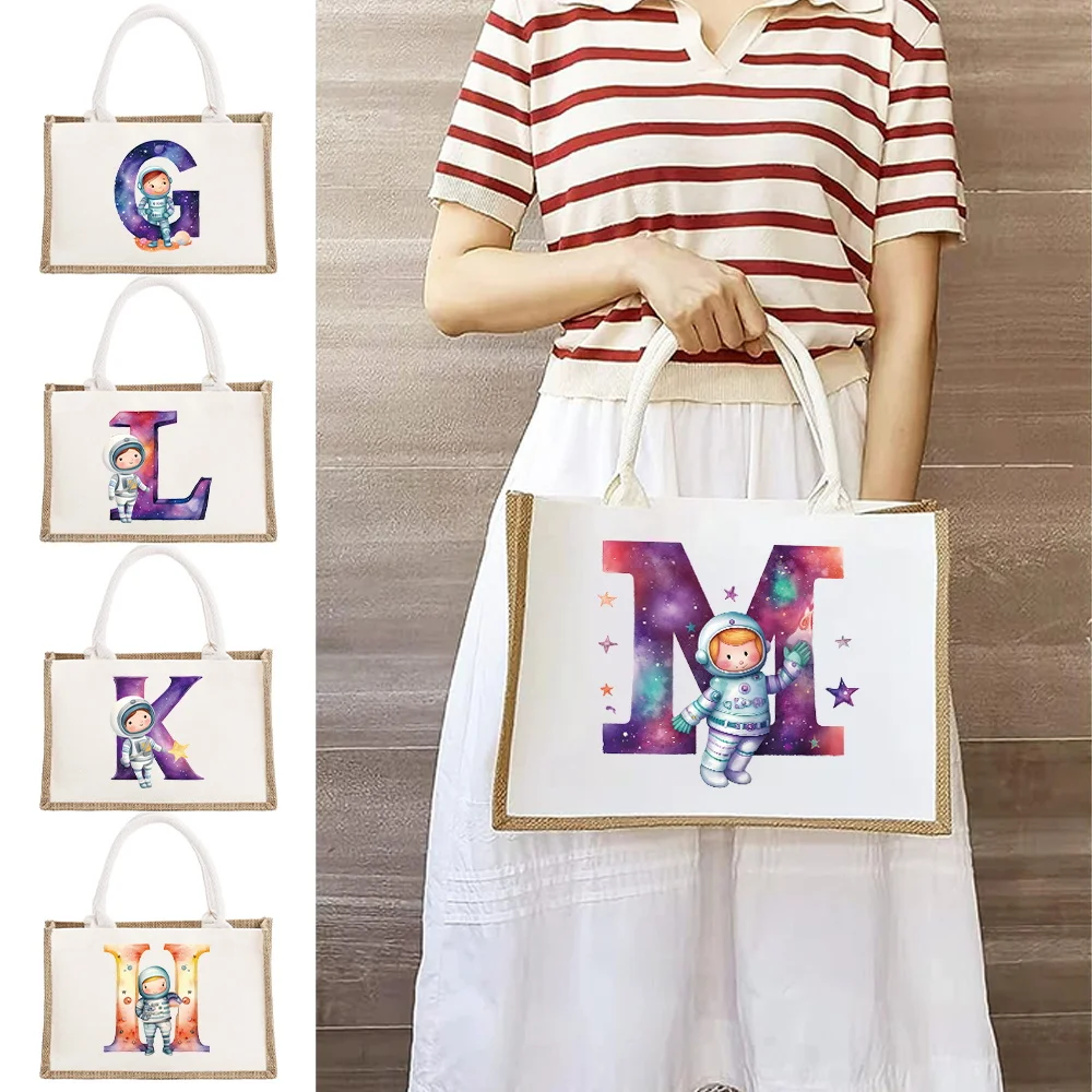 New Travel Gunny Bag Designer Handbag Astronauta Letter Print Pattern Borsa A Tracolla In Lino Juta Imitazione Sack Borsa Per La Spesa Da Donna