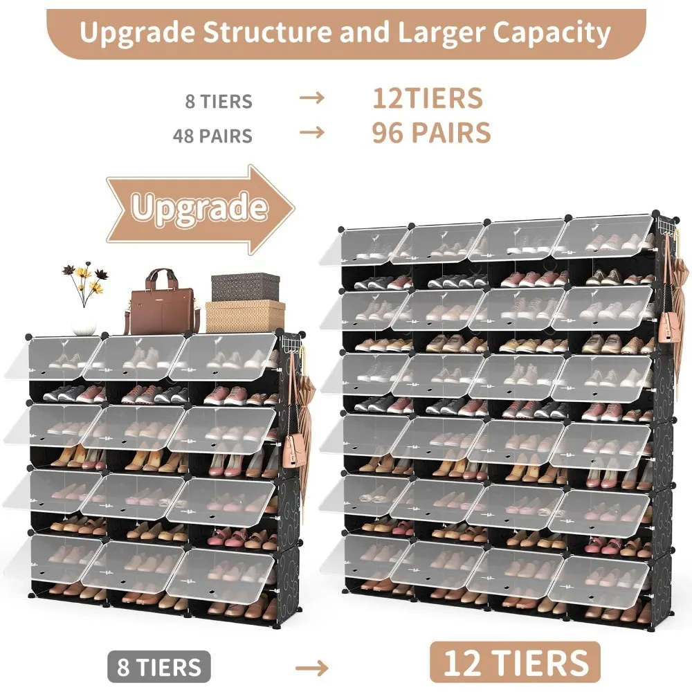 shoe storage cabinet, 12-tier shoe organizer 96 pairs extra large plastic rack with covers portable rack organizer wi