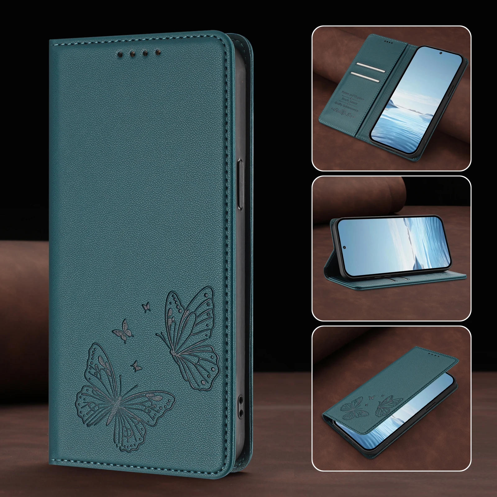 Double Butterfly Leather Wallet Case - Stylish Magnetic Flip Cover with Multi-Card Slots and Elegant Design