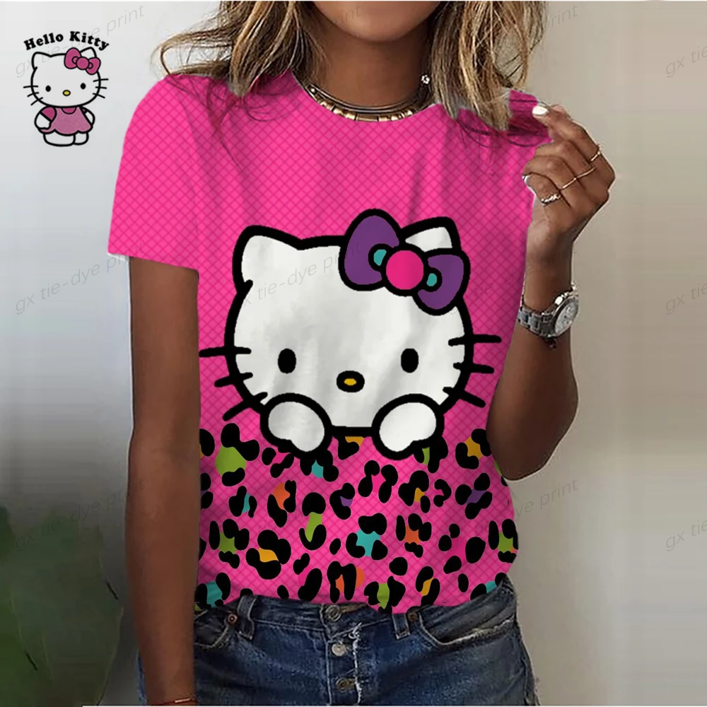 thumbnail image 1 of Camiseta de manga corta informal para mujer, con estampado de dibujos animados de Hello Kitty, para verano, 1 of 4
