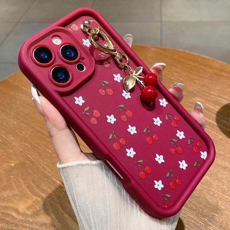 Red Cherry Pattern Silicone Phone Case with Chain Cover