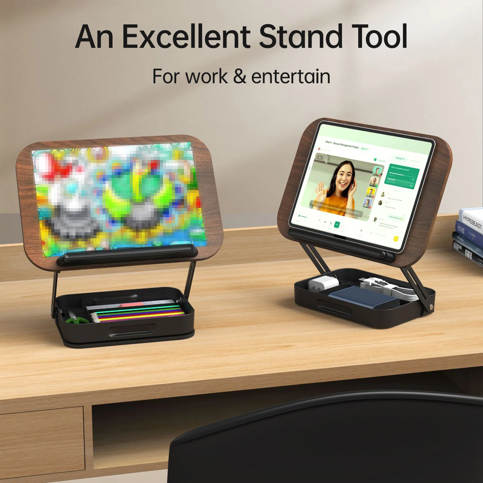 회전식 받침대가 있는 데스크탑 책꽂이, 나무 패널 페이지 클립, 수납 공간, 접이식 각도 조절 가능