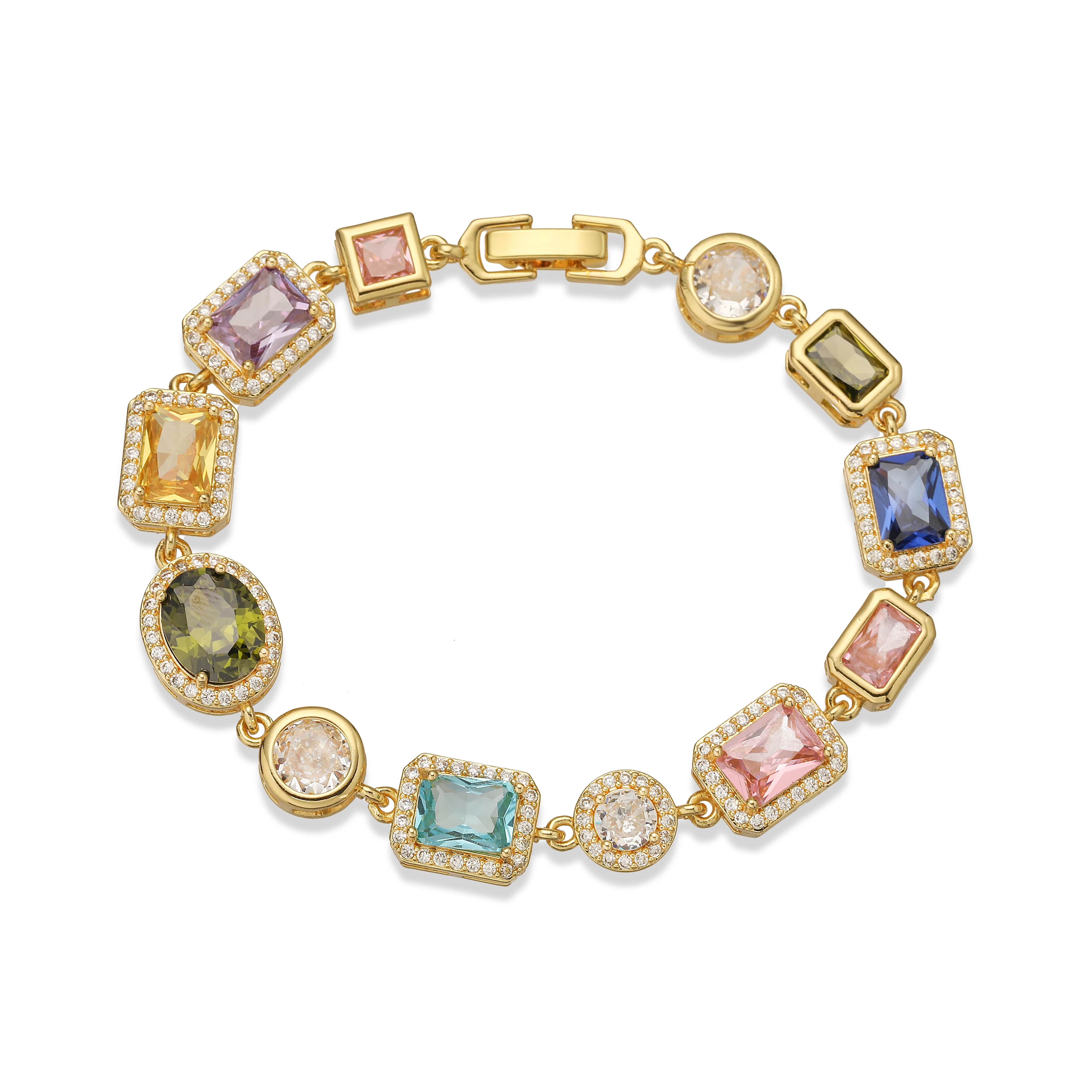 18K Gold Plated Square and Round Multicoloured Semi-Precious Stone Mosaic Design Jewellery Bracelet/Necklace Unisex Jewellery