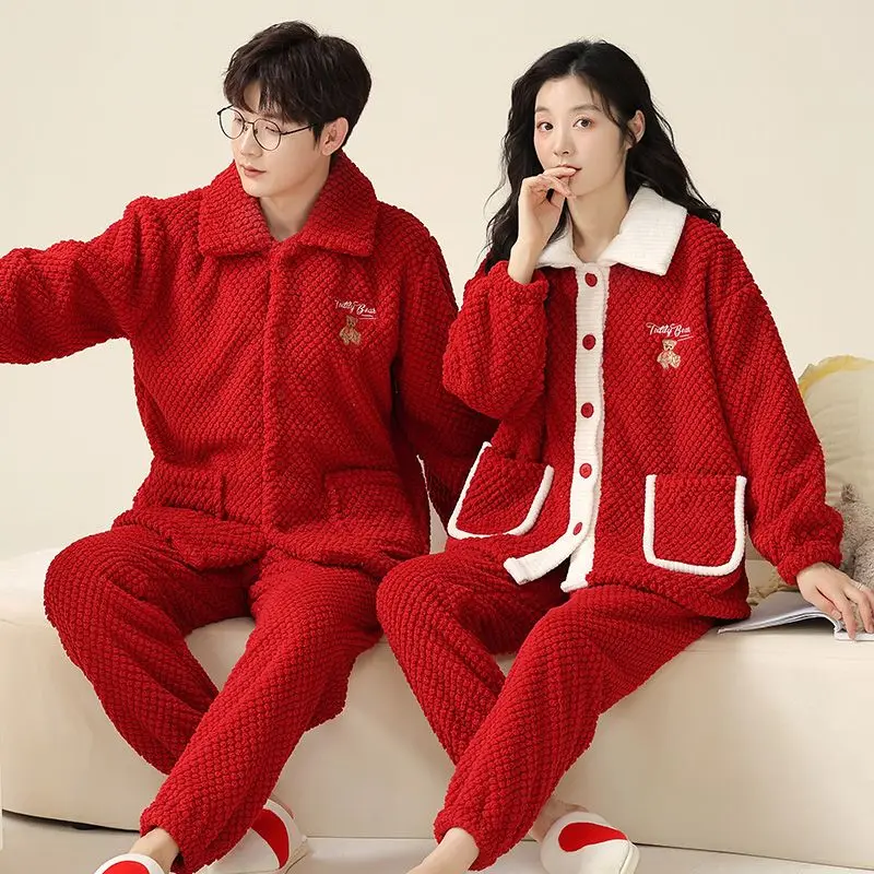 Red Wedding Couple Pajamas Winter New Coral Fleece Thickened Fleece-lined Men Homewear Suit Women Casual Warm Nightclothes Sets