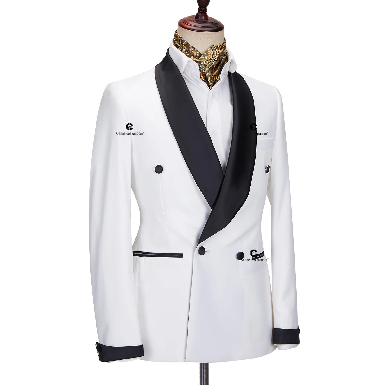 Cenne Des Graoom Men's Suit For Wedding Grooms White Tuxedo Black Shawl Lapel With 4 Button Front Fastening Slim Fit Party Prom 4