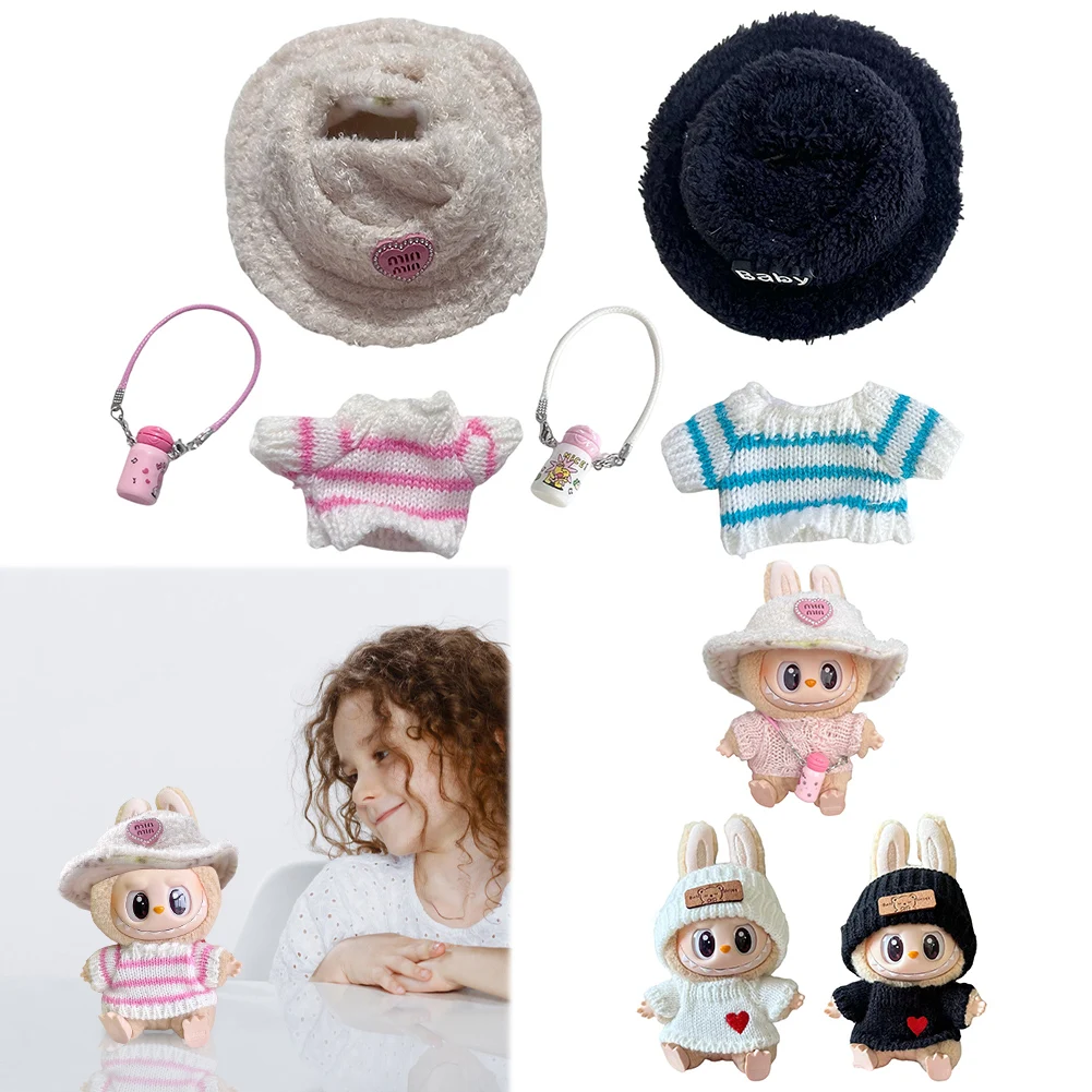 17cm Mini Plush Doll Sweater Decorative with Hat Kawaii Heart Doll Clothes DIY Cute Striped Plushies Outfit Soft for Girls Gift