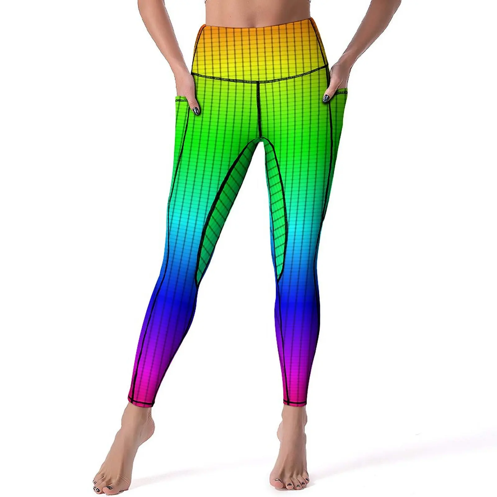 

Ombre Shaded Leggings Sexy Rainbow Neon Workout Yoga Pants Push Up Elastic Sports Tights Pockets Sweet Design Leggins