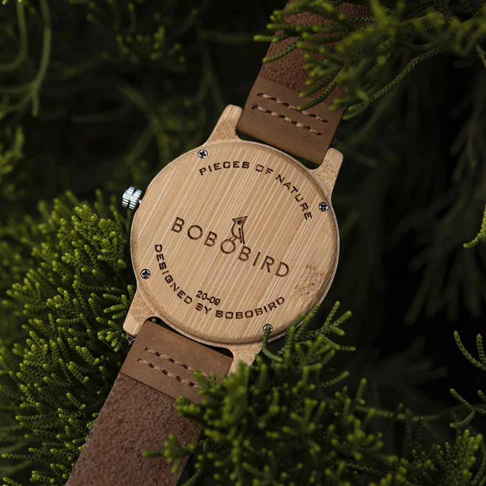 BOBO BIRD Men's Classic Quartz Watch Natural Bamboo Case with Genuine Leather Strap Customized Dropshipping 3