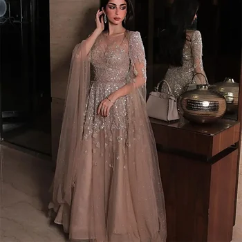 Customized Batwing Sleeves A-line Evening Dresses Shiny Tulle Sequin Applique Exquisite Prom Gown Elegant Party Dress 1