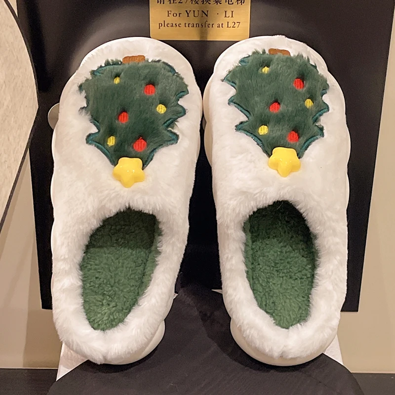 Christmas Tree Decor Cotton Slippers Women Indoor Warm Thick Plush Platform Slides Woman Comfy Non Slip Soft Fluffy Fur Slippers