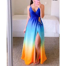 

Chicme Summer Women Ombre Tied Detail Split Thigh Cami Maxi Dress Spaghetti Strap V-Neck A Line Long Dress Casual Vacation Dress