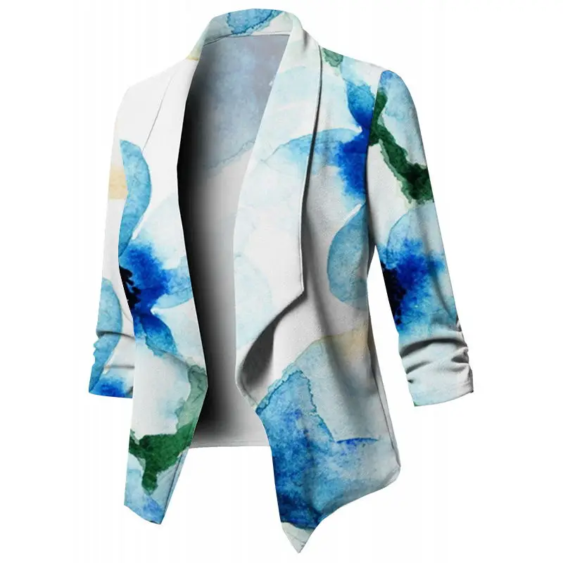 Fashion Cardigan For Women 2023 Casual Print Long Sleeve Open Front Notched Collar Suit Office Ladies Jacket Daily Work Coat