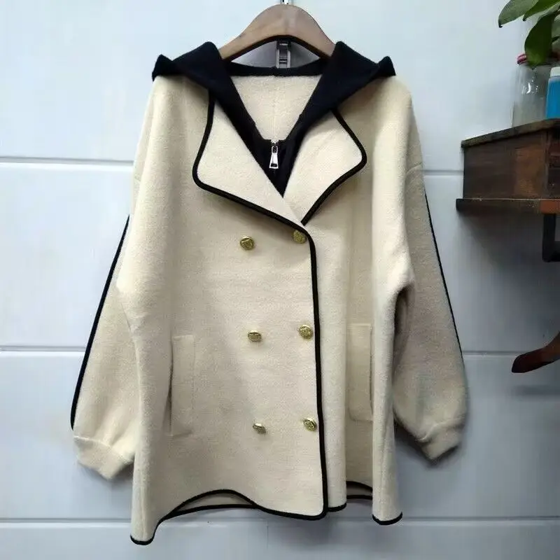 מעיל צמר לנשים סתיו חורף 2025 בגדים עם הוד כפול-כפתורים אופנתיים וינטאג' קוריאניים ג'קטים גדולים עליונים